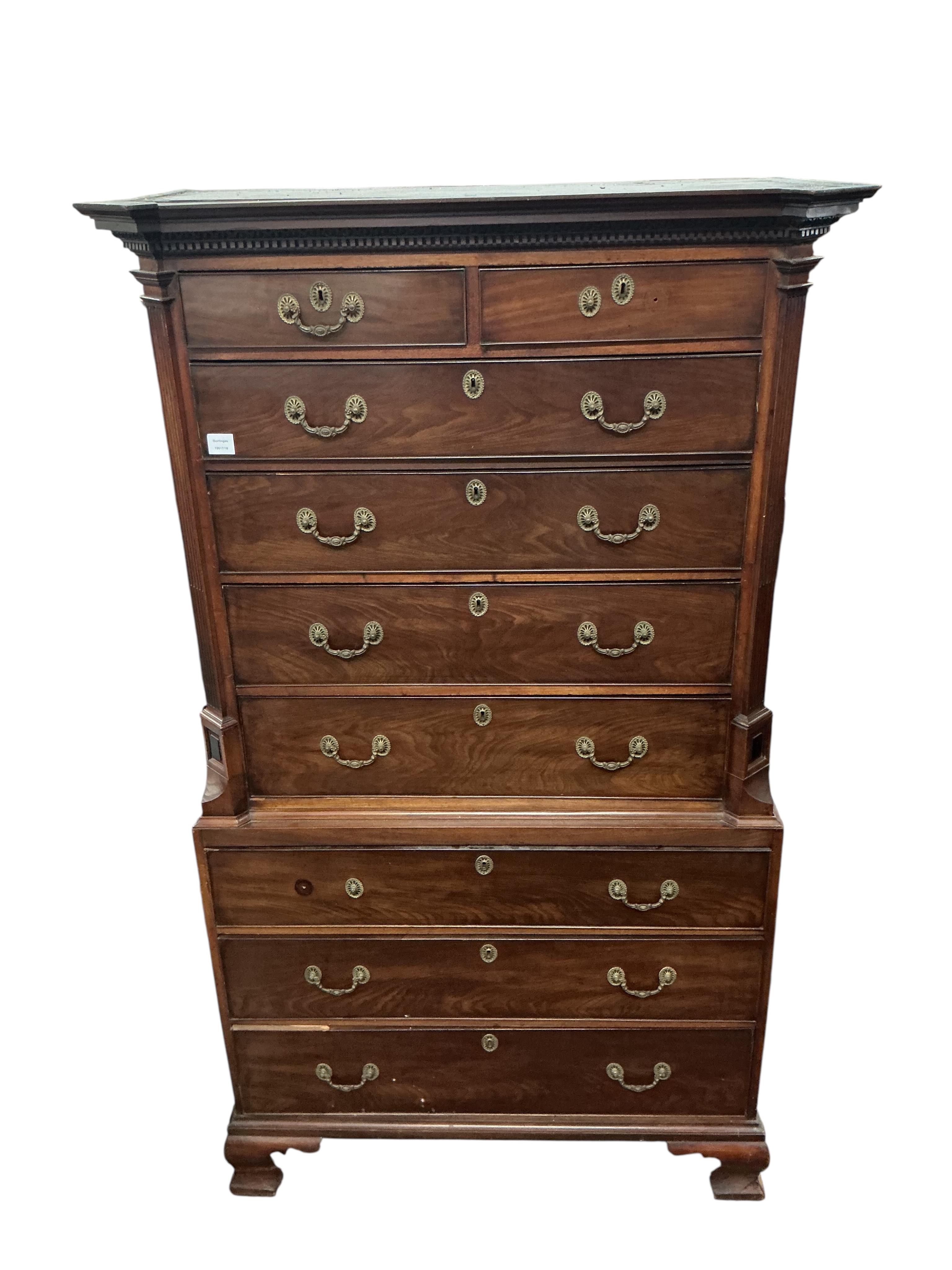 A George III mahogany chest on chest, width 115cm, depth 54cm, height 194cm